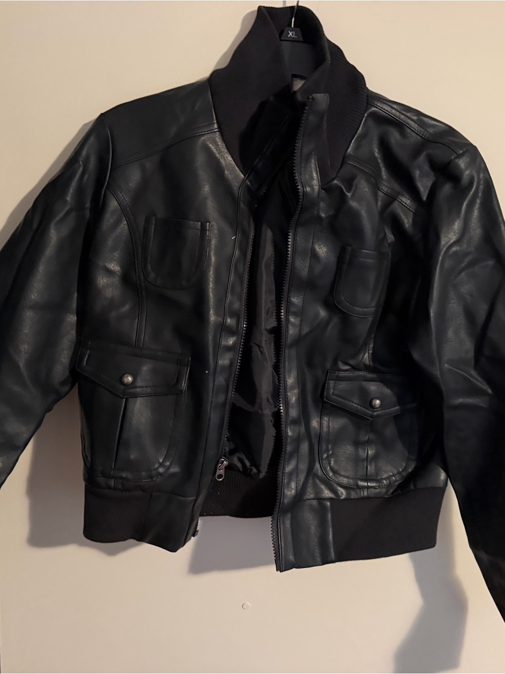Black Faux Leather Bomber Jacket with Ribbed Collar - Unbranded